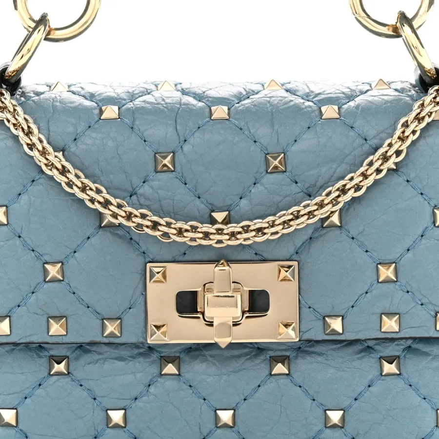 Valentino Garavani Small Rockstud Spike Shoulder Bag Aqua Nappa Leather Light Gold Hardware