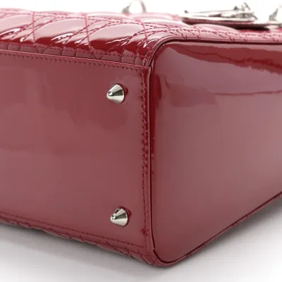Dior Medium Lady Dior Dark Red Patent Cannage Calfskin Leather Silver Hardware