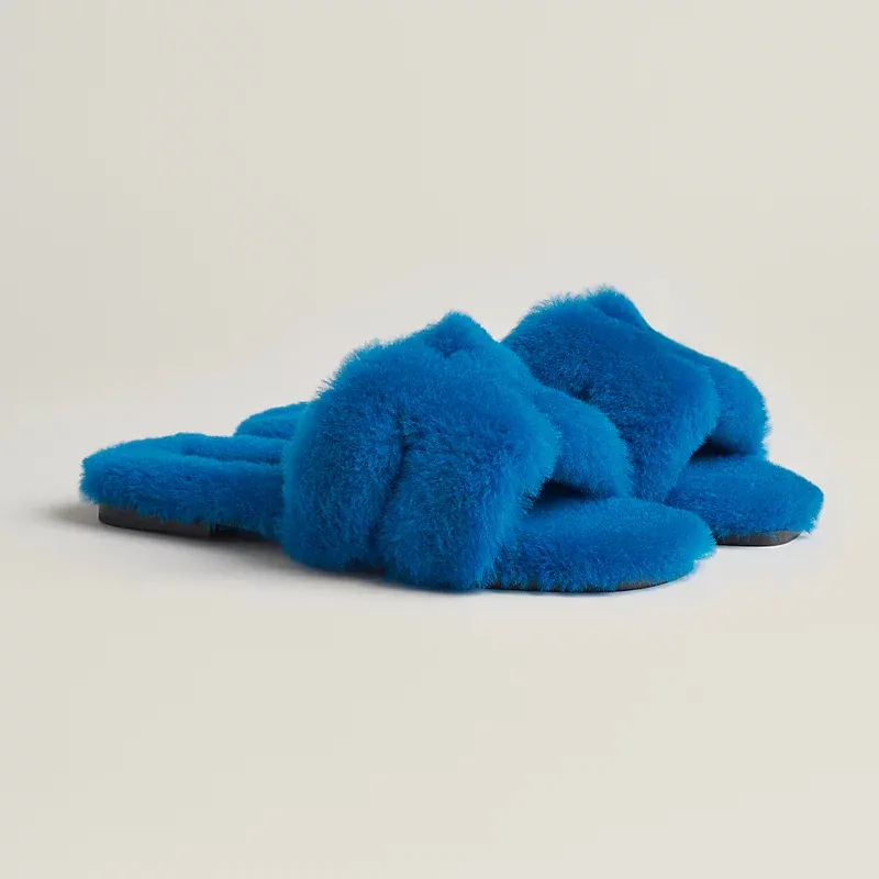 HERMES Oran plush Blue Slippers