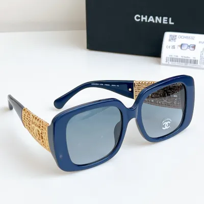 CHANEL square frame glasses blue gold color size 54-20-140