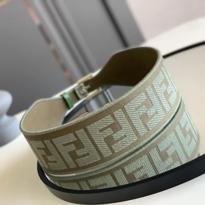 Fendi Women's Belt In Green/Black/Beige/Yellow FF Logo Embroidery Canvas With Gold Hardware 60mm