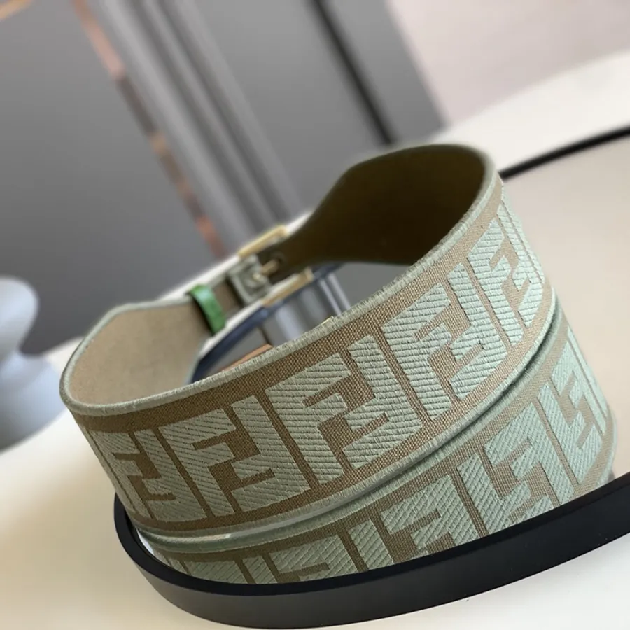 Fendi Women's Belt In Green/Black/Beige/Yellow FF Logo Embroidery Canvas With Gold Hardware 60mm