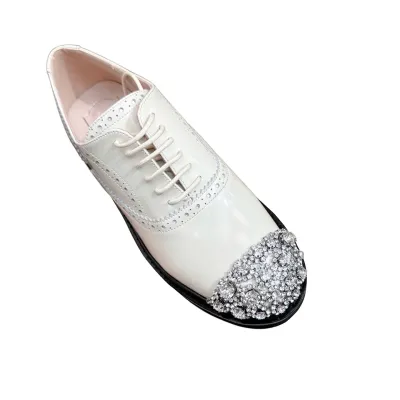 Roger Vivier Viv' Rangers Lace-Ups Loafers In White/Red Leather With Crystal Flowers