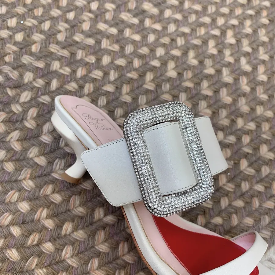 Roger Vivier Viv' Rangers Mules Sandals In White/Black/Blue Leather With Crystal Buckle (Heel Height 5.5cm)