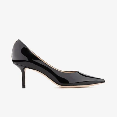 JIMMY CHOO JC badges adorne black patent high heels