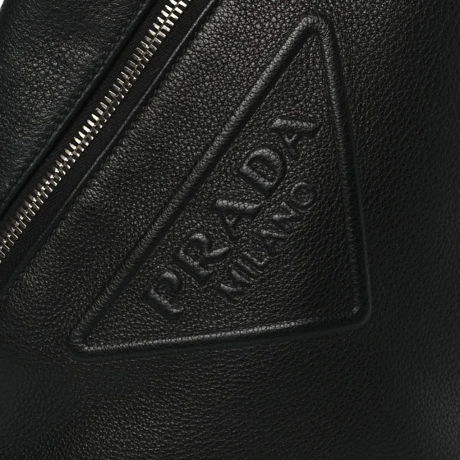 Prada Medium Logo Embossed Cross Sling Backpack Black Vitello Daino Leather Silver Hardware