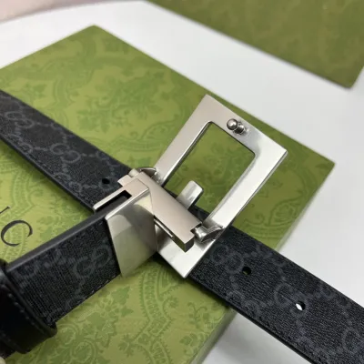 Gucci Men's Square G Buckle Reversible Belt In Black/Brown/Beige Monogram Calfskin And Canvas With Gold/Silver Hardware 25mm