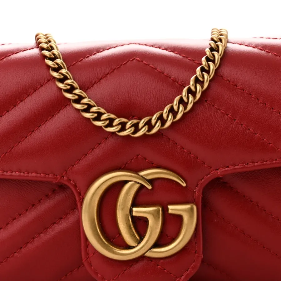Gucci Super Mini GG Marmont Shoulder Bag Hibiscus Red Calfskin Matelassé Leather Gold Hardware