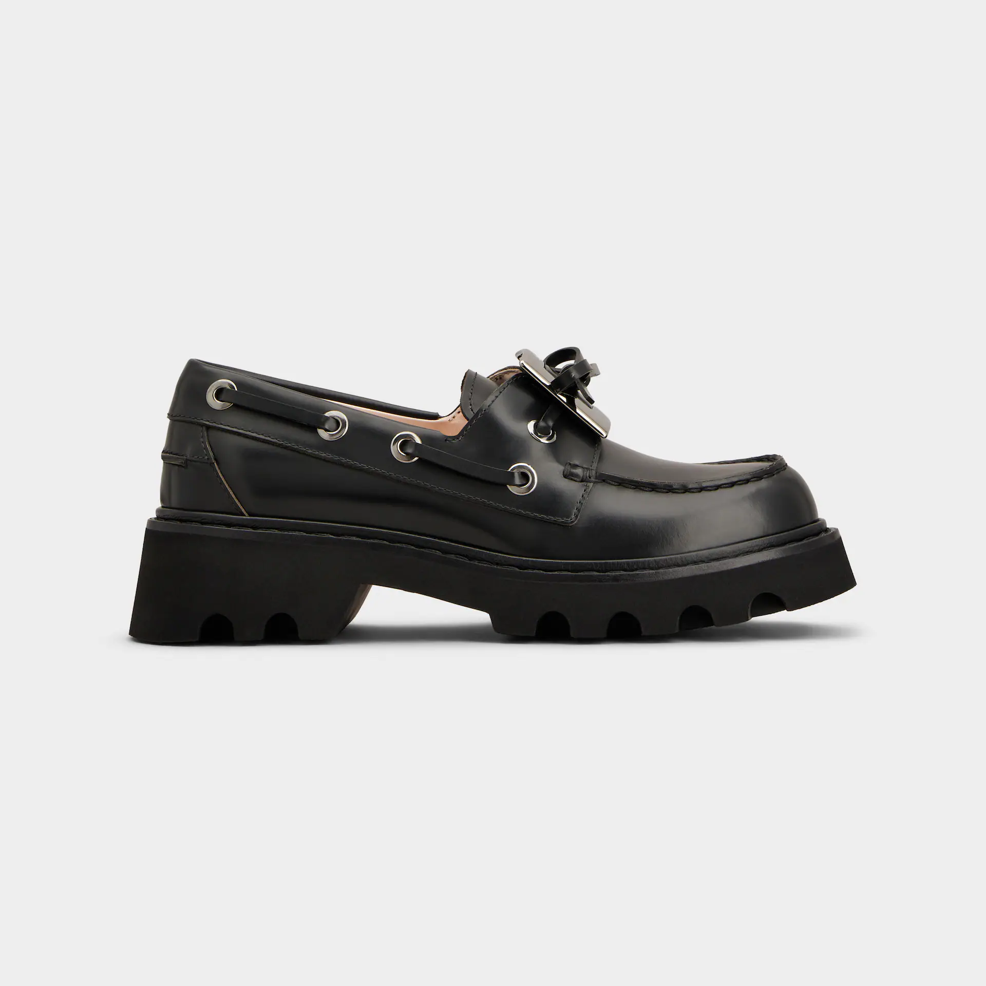 Roger Vivier Viv' Rangers Truck Boat Shoes Loafers Em Couro Preto Com Fivela De Metal (Altura Do Salto 5cm)