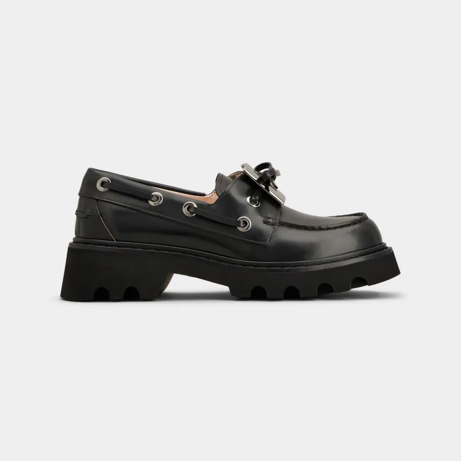 Roger Vivier Viv' Rangers Truck Boat Shoes Loafers In Black Leather With Metal Buckle (Heel Height 5cm)