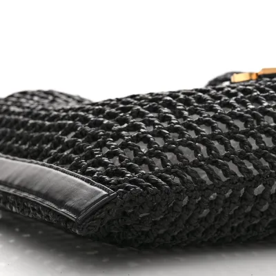 Saint Laurent Medium Oxalis Shoulder Bag Black Raffia & Calfskin Leather Gold Hardware