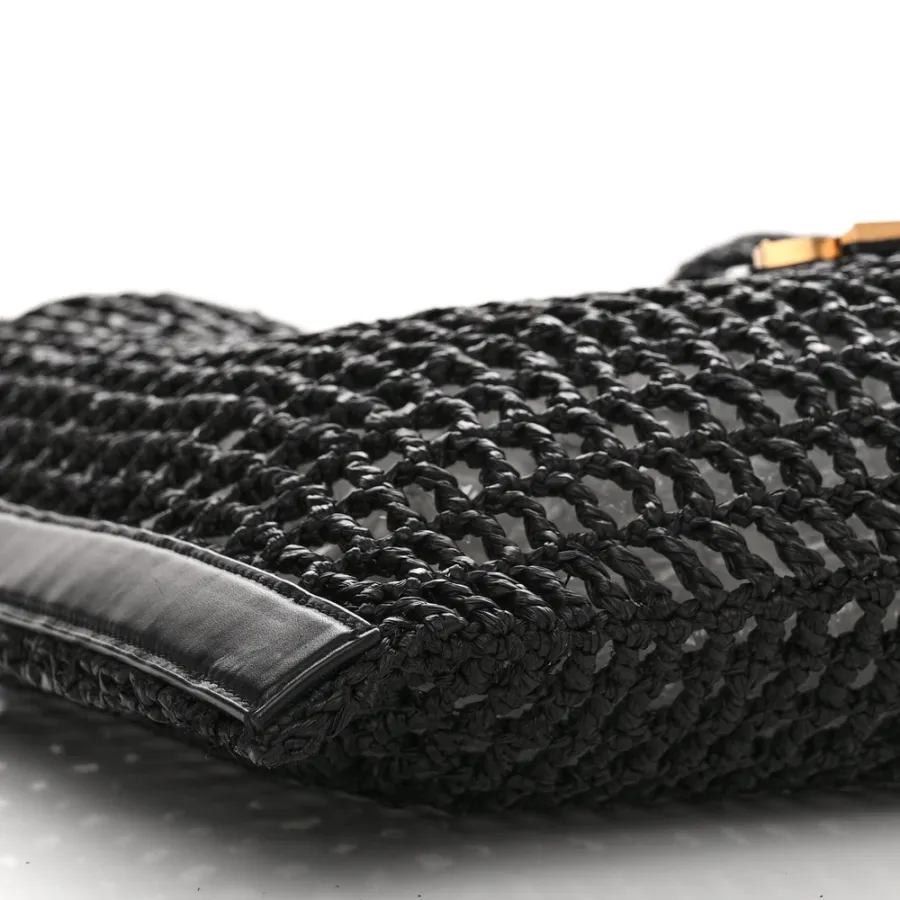 Saint Laurent Medium Oxalis Shoulder Bag Black Raffia & Calfskin Leather Gold Hardware