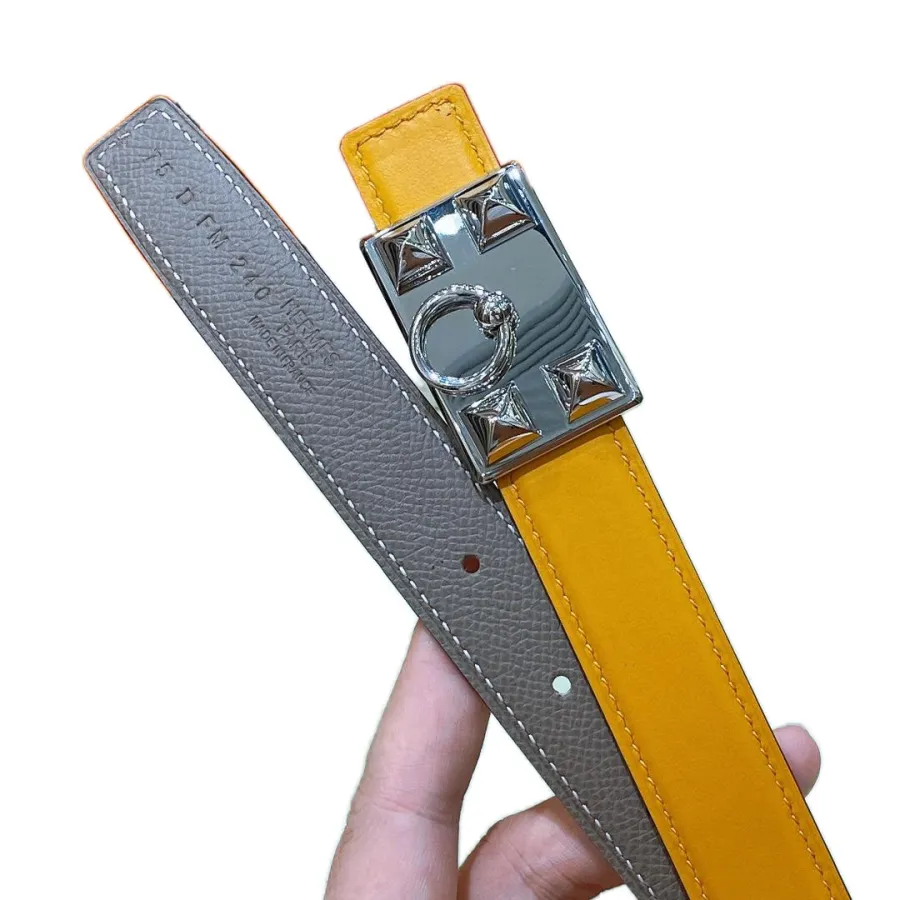 Hermès Women' s Square Buckle Reversible Belt In Grey/Yellow Calfskin With Silver Hardware 24mm