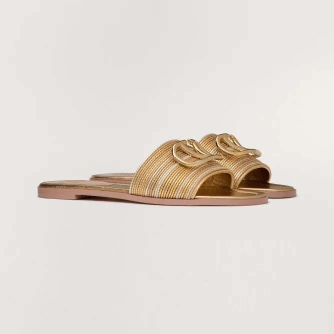 VALENTINO VLOGO SIGNATURE CORNELY Embroidered metallic leather slipper sandals
