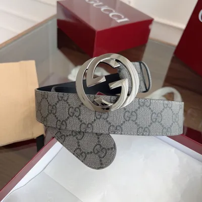 Gucci Men's Interlocking G Buckle And Interlocking G Belt In Black/Brown Marmont In Calfskin/Canvas With Gold/Silver Hardware 40mm