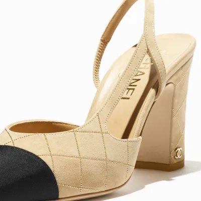 Chanel, Beige, gold and black，Suede, sheep leather and grosgrain, Rear lace up high heels High Heels Sandal