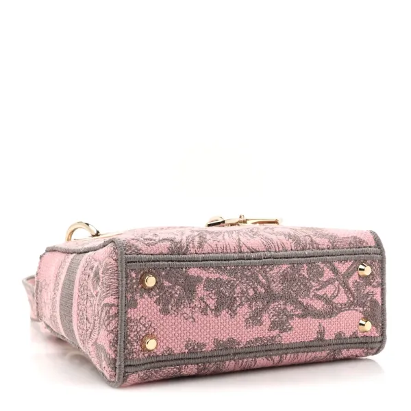 Dior Mini Toile De Jouy Lady D-Lite Grey/Pink Embroidered Canvas Gold Hardware - Image 6