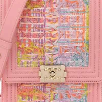 Chanel North-South Boy Flap Medium Pink Tweed & Quilted Calfskin Leather Light Gold Hardware