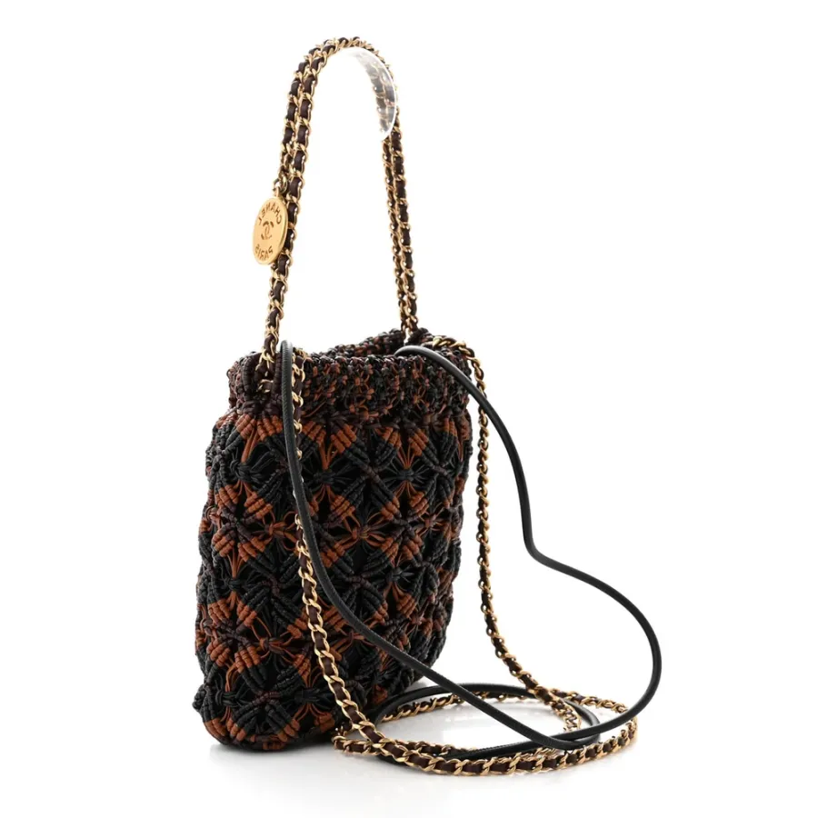 Chanel Mini Black / Light Brown / Burgundy Chanel 22 Calfskin Leather Macrame Aged Gold Hardware