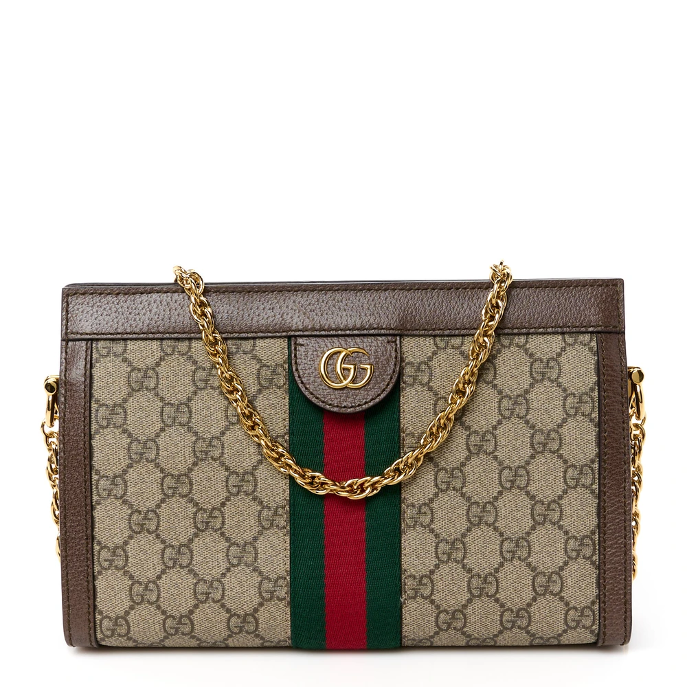 Gucci Small Web Ophidia Chain Shoulder Bag Bege/Marrom GG Supreme Monogram Canvas Hardware Dourado