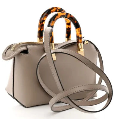 Fendi Mini Logo Embossed By The Way Top Handle Boston Bag Tortora King Vitello Leather & Plexiglass Gold Hardware