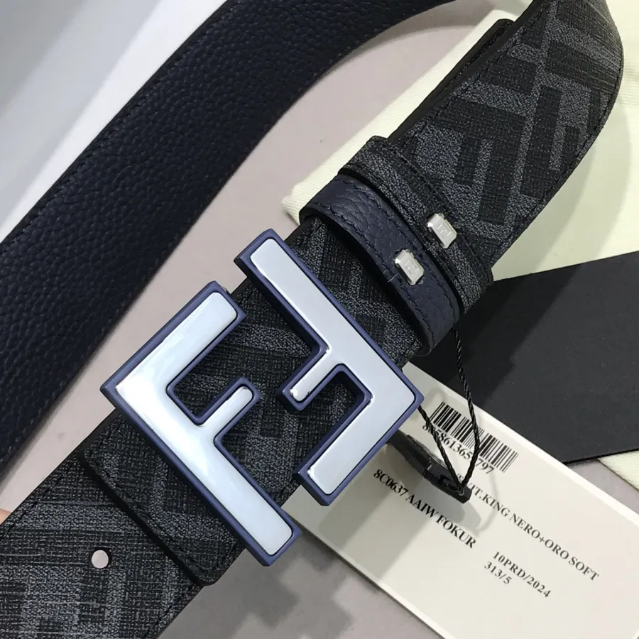 Fendi Men's Rounded FF Reversible Belt In Black/Blue Calfskin And Monogram Canvas With Silver Hardware 38MM