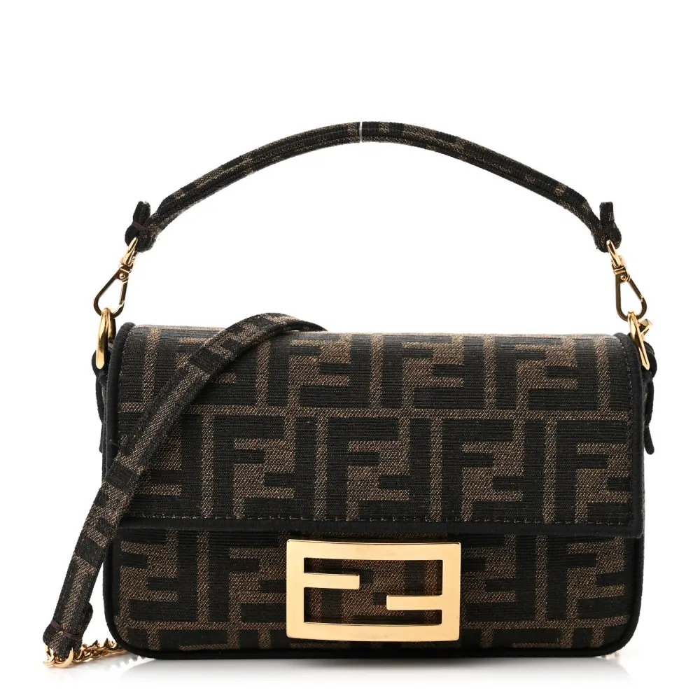 Fendi Mini FF 1974 Baguette Tabaco/Moro/Jacquard de Tecido Preto Hardware Dourado