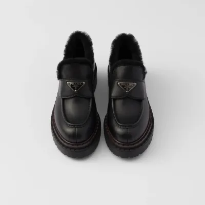 PRADA Black double fabric Chocolate leather and sheep fur loafers