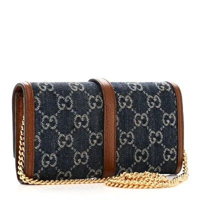 Gucci Small Jackie 1961 Chain Wallet Blue Tea Calfskin Leather & GG Monogram New Denim Gold Hardware
