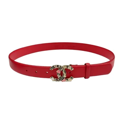 Chanel Women's Decorative CC Buckle Belt In White/Black/Red/Burgundy Calfskin With Gold Hardware 30mm