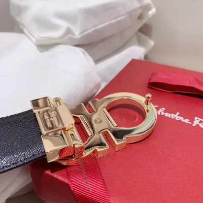 Ferragamo Men's Double Gancini Buckle Reversible Belt In Black/Brown Calfskin With Gold/Silver Hardware 35mm