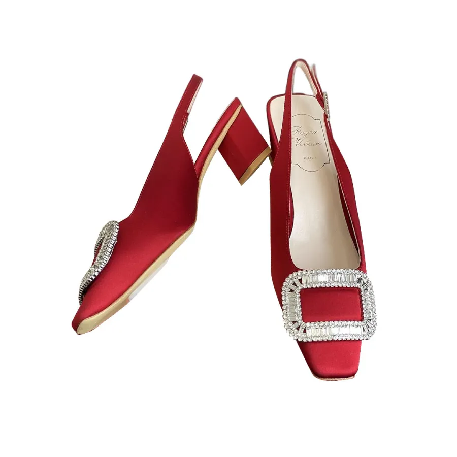 Roger Vivier Belle Viver Slingback Pumps High Heels In Red/Beige Satin With Crystal Buckle (Heel Height 4.5cm)