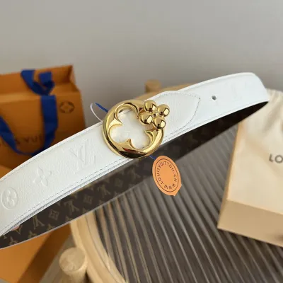 Louis Vuitton Women's Flowergram Round Buckle Reversible Belt In Black/White/Brown Calfskin And Monogram Canvas With Gold Hardware 30mm