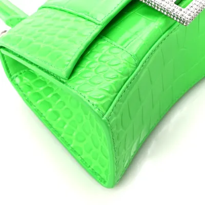 Balenciaga XS Hourglass Top Handle Bag Fluo Green Strass Crocodile Embossed Shiny Calfskin Leather Silver Hardware