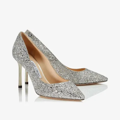 JIMMY CHOO Silver coarse grain glitter fabric pointed heels