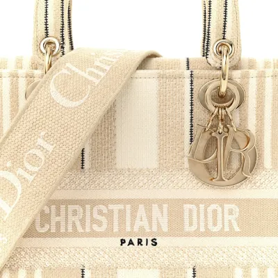 Dior Medium Stripes Lady D-Lite Beige Embroidered Canvas Gold Hardware