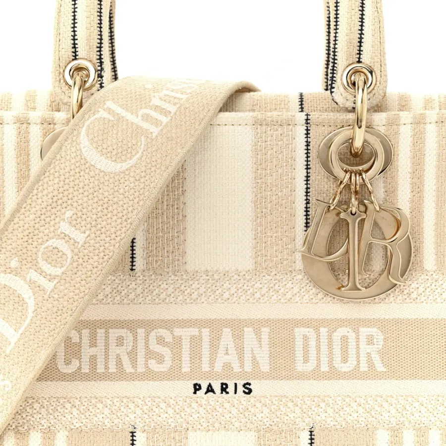 Dior Medium Stripes Lady D-Lite Beige Embroidered Canvas Gold Hardware
