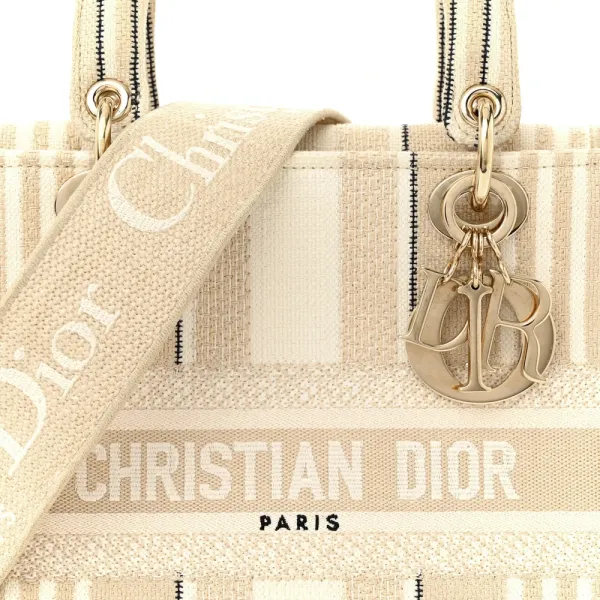 Dior Medium Stripes Lady D-Lite Beige Embroidered Canvas Gold Hardware - Image 8