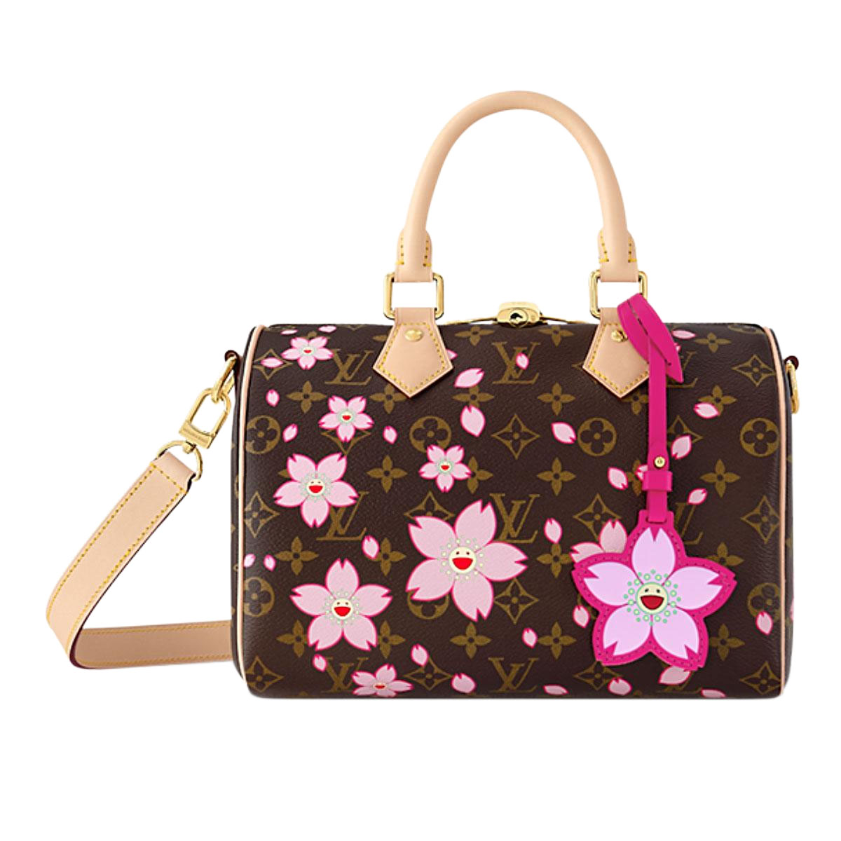 LOUIS VUITTON x Takumi Murakami Speedy Bandouliere CHERRY BLOSSOM acessórios de metal dourado bolsa de ombro para mulheres marrom