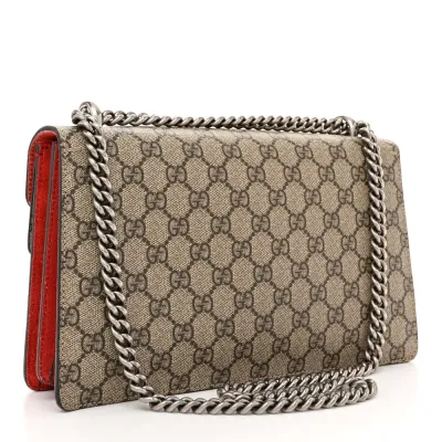 Gucci Small Dionysus Shoulder Bag Red GG Supreme Monogram Coated Canvas Aged Silver Hardware
