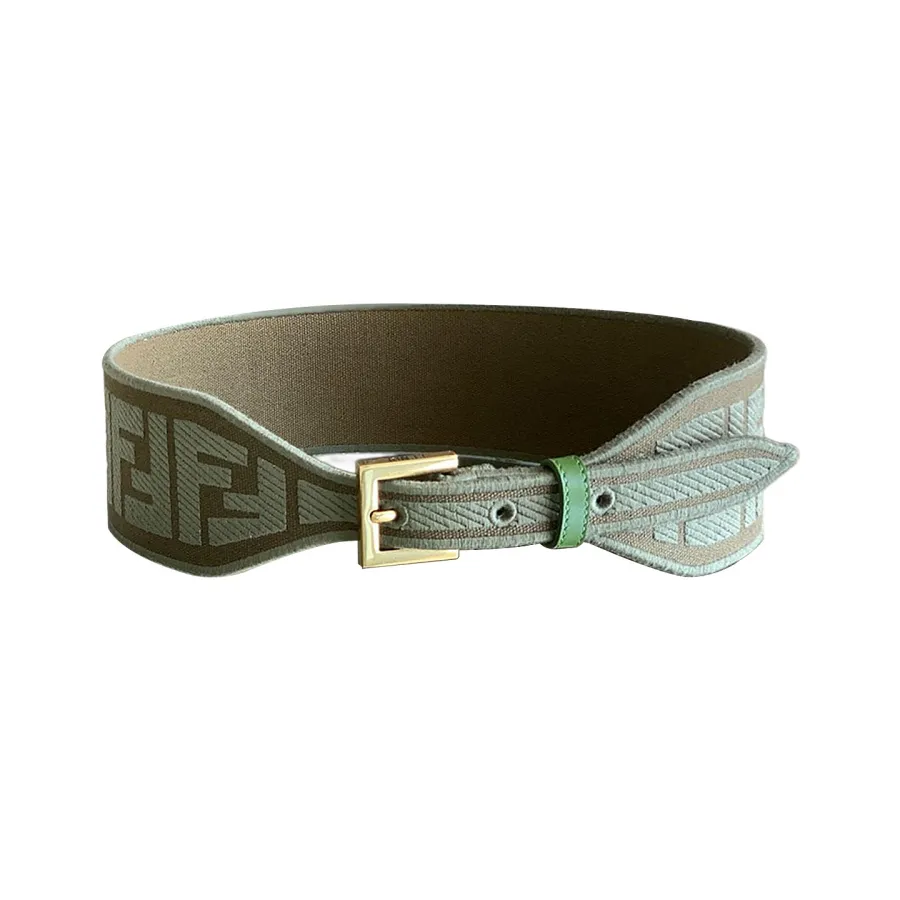 Fendi Women's Belt In Green/Black/Beige/Yellow FF Logo Embroidery Canvas With Gold Hardware 60mm