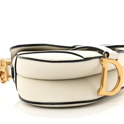 Dior Mini Saddle Bag With Strap White Grained Calfskin Leather Brass Hardware
