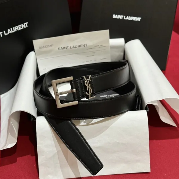 Saint Laurent Cassandre Belt In Black/Coffee Smooth Calfskin With Black/Gold/Silver Hardware 30mm - Image 6