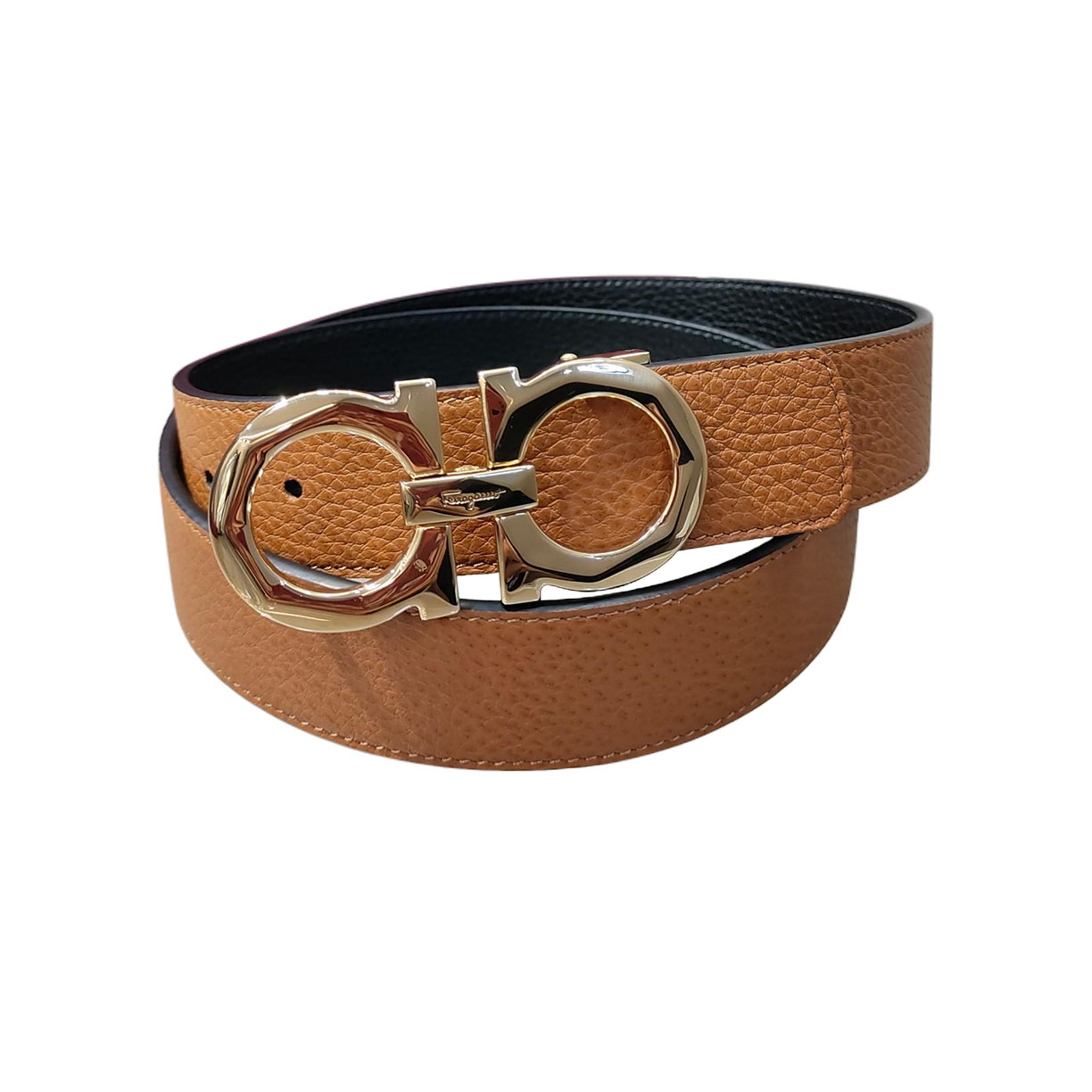 Cinto Reversível Masculino Ferragamo com Fivela Dupla Gancini em Laranja/Preto/Marrom/Azul em Pele de Bezerro Granulado com Ferragens Douradas/Prateadas 35mm