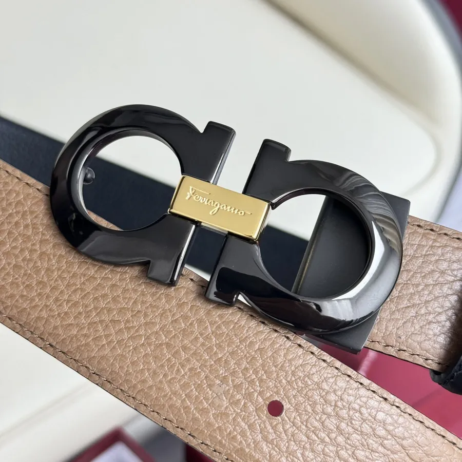 Ferragamo Men's Double Gancini Buckle Reversible Belt In Black/Brown Grained Calfskin With Gold/Silver/Black Hardware 35mm