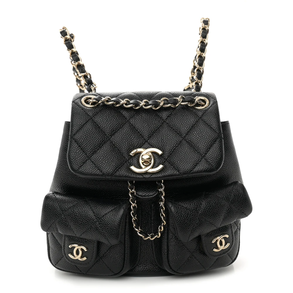 Chanel Duma Pockets Mochila de Cordão Pequena Preta Acolchoada Couro Caviar Brilhante Hardware Dourado Claro