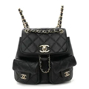 Chanel Duma Pockets Drawstring Backpack Small Black Quilted Shiny Caviar Leather Light Gold Hardware