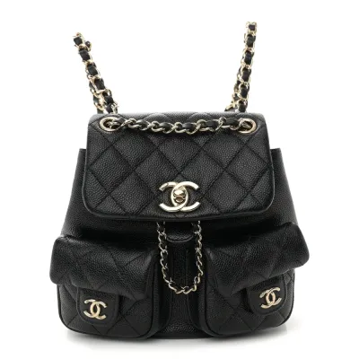 Chanel Duma Pockets Drawstring Backpack Small Black Quilted Shiny Caviar Leather Light Gold Hardware
