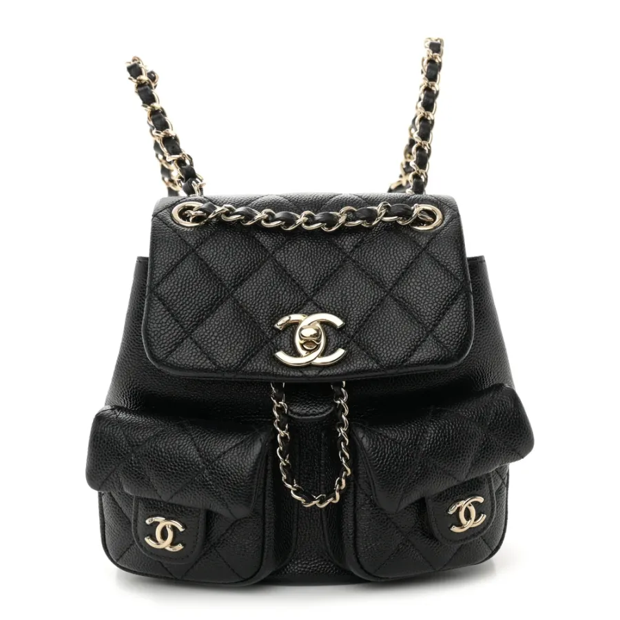 Chanel Duma Pockets Drawstring Backpack Small Black Quilted Shiny Caviar Leather Light Gold Hardware
