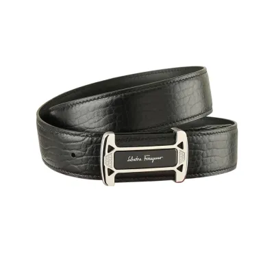 Ferragamo Men's Square Buckle With Crystal Belt In Black Calfskin With Gold/Silver Hardware 38mm